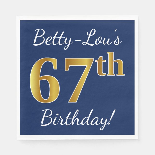 Serviette En Papier Blue, Faux Gold 67e anniversaire + Nom personnalis (Devant)