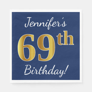 Serviette En Papier Blue, Faux Gold 69e anniversaire + Nom personnalis