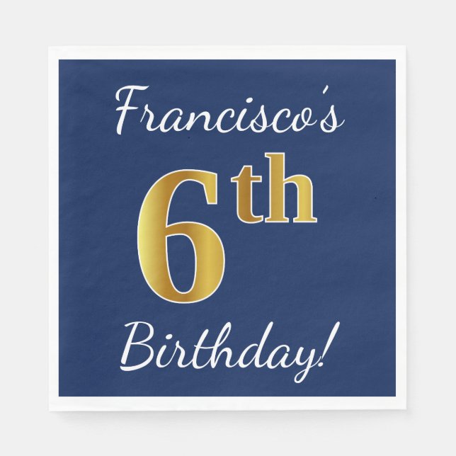 Serviette En Papier Blue, Faux Gold 6e anniversaire + Nom personnalisé (Devant)