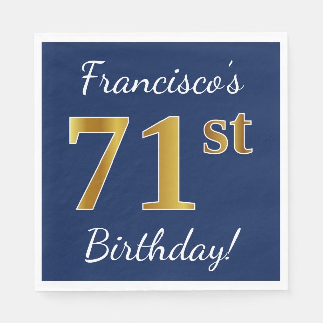 Serviette En Papier Blue, Faux Gold 71e anniversaire + Nom personnalis (Devant)