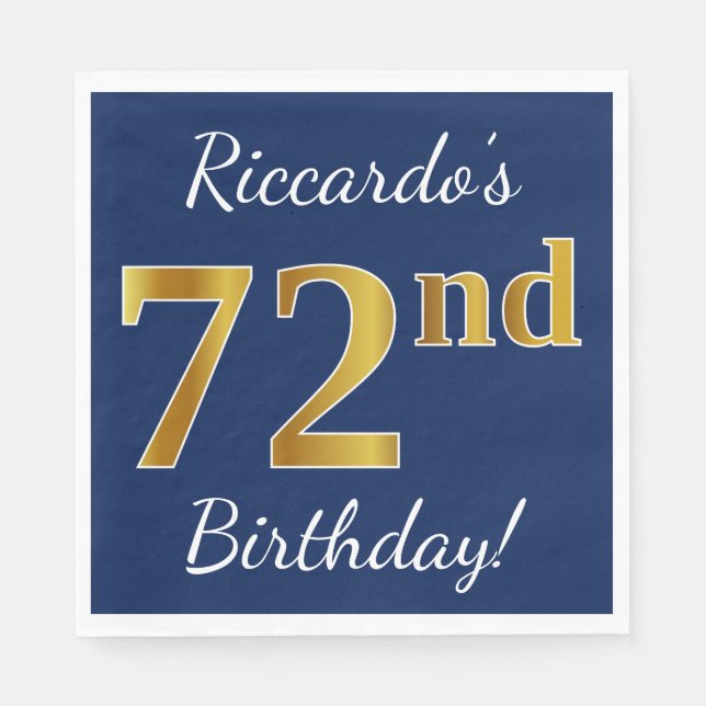 Serviette En Papier Blue, Faux Gold 72e anniversaire + Nom personnalis (Devant)