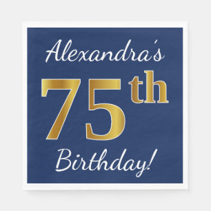 Serviette En Papier Blue, Faux Gold 75e anniversaire + Nom personnalis