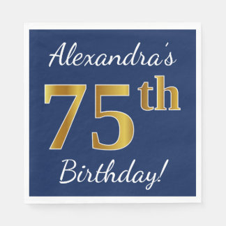Serviette En Papier Blue, Faux Gold 75e anniversaire + Nom personnalis
