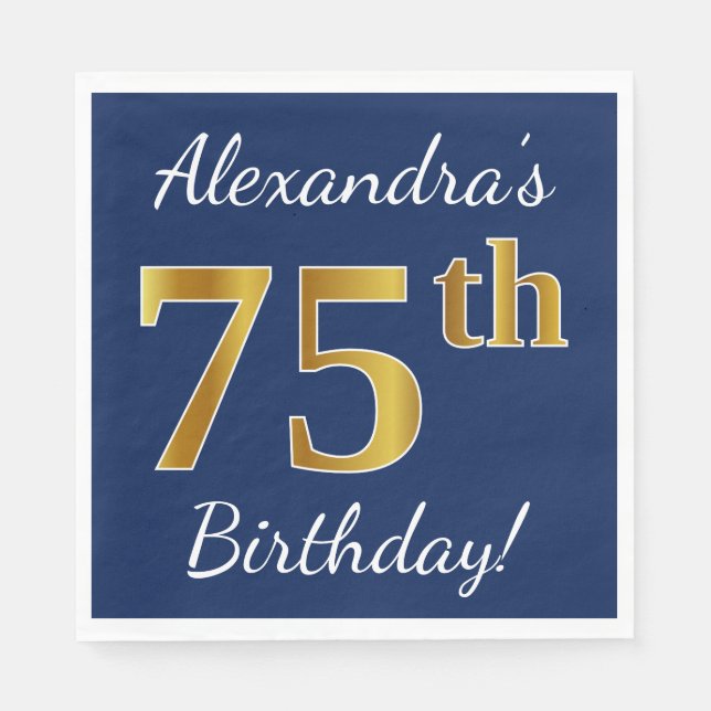 Serviette En Papier Blue, Faux Gold 75e anniversaire + Nom personnalis (Devant)