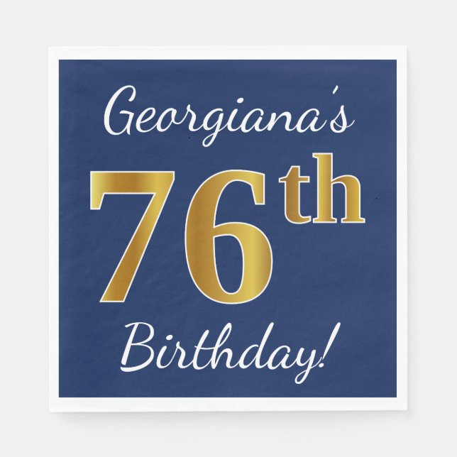 Serviette En Papier Blue, Faux Gold 76e anniversaire + Nom personnalis (Devant)