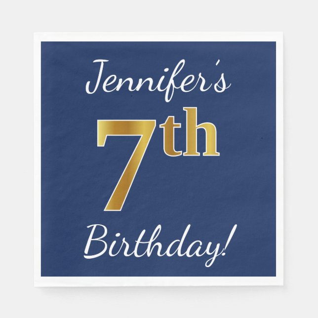 Serviette En Papier Blue, Faux Gold 7e anniversaire + Nom personnalisé (Devant)