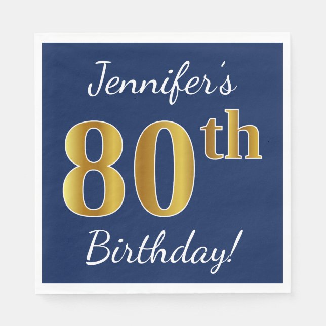 Serviette En Papier Blue, Faux Gold 80e anniversaire + Nom personnalis (Devant)