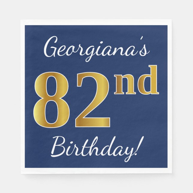 Serviette En Papier Blue, Faux Gold 82e anniversaire + Nom personnalis (Devant)