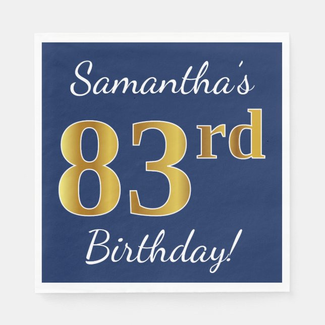 Serviette En Papier Blue, Faux Gold 83e anniversaire + Nom personnalis (Devant)