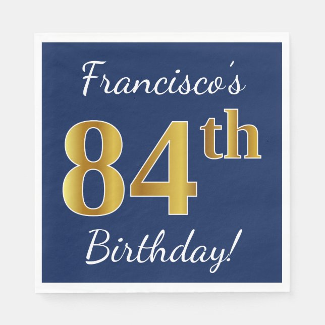 Serviette En Papier Blue, Faux Gold 84e anniversaire + Nom personnalis (Devant)