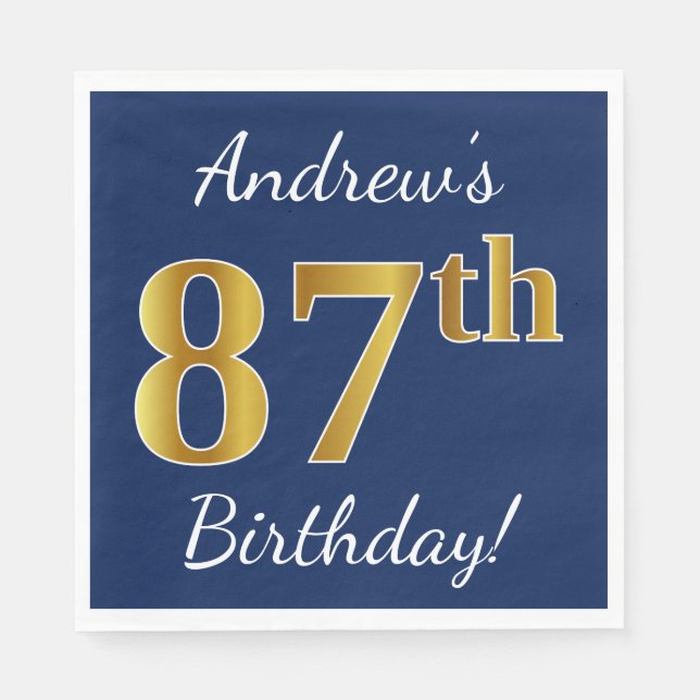 Serviette En Papier Blue, Faux Gold 87e anniversaire + Nom personnalis (Devant)