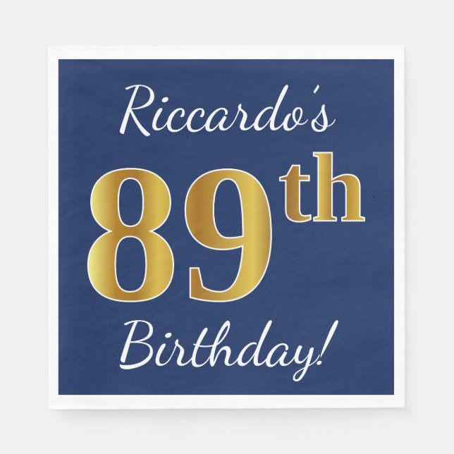 Serviette En Papier Blue, Faux Gold 89e anniversaire + Nom personnalis (Devant)