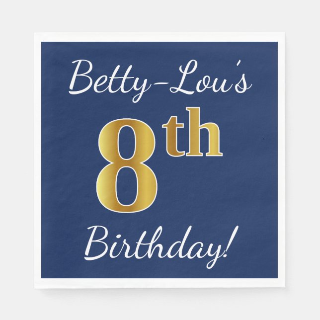 Serviette En Papier Blue, Faux Gold 8e anniversaire + Nom personnalisé (Devant)