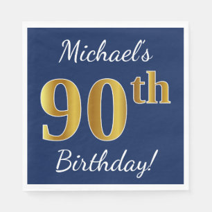 Serviette En Papier Blue, Faux Gold 90e anniversaire + Nom personnalis