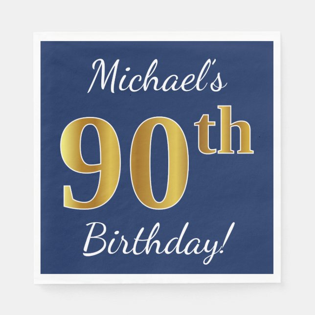 Serviette En Papier Blue, Faux Gold 90e anniversaire + Nom personnalis (Devant)