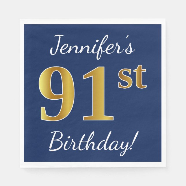Serviette En Papier Blue, Faux Gold 91e anniversaire + Nom personnalis (Devant)