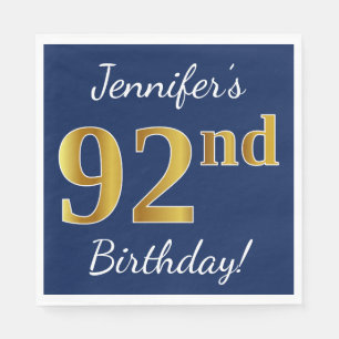 Serviette En Papier Blue, Faux Gold 92e anniversaire + Nom personnalis