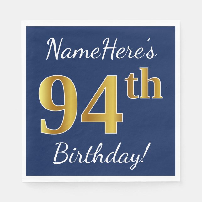 Serviette En Papier Blue, Faux Gold 94e anniversaire + Nom personnalis (Devant)