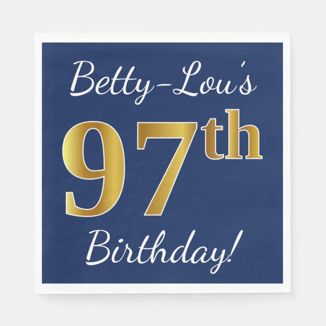Serviette En Papier Blue, Faux Gold 97e anniversaire + Nom personnalis (Devant)