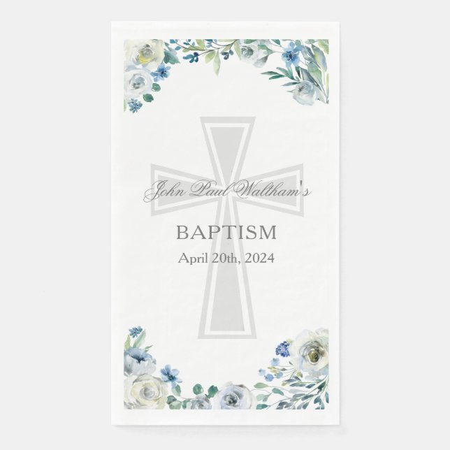 Serviette En Papier Blue Floral Baptism Party Christian Cross Custom (Devant)