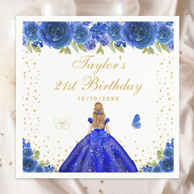 Serviette En Papier Blue Floral Blonde Hair Princess Anniversaire (Créateur téléchargé)