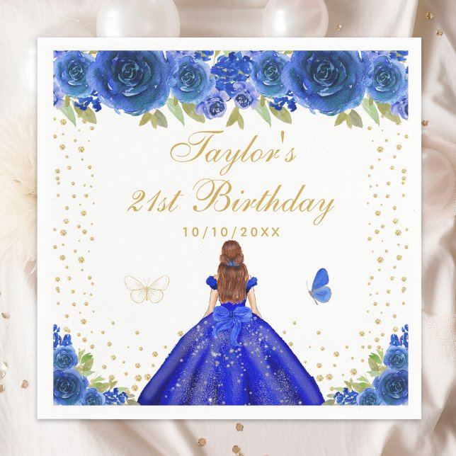 Serviette En Papier Blue Floral Brown Hair Princess Anniversaire (Créateur téléchargé)