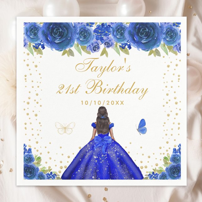 Serviette En Papier Blue Floral Dark Skin Princess Anniversaire (Créateur téléchargé)