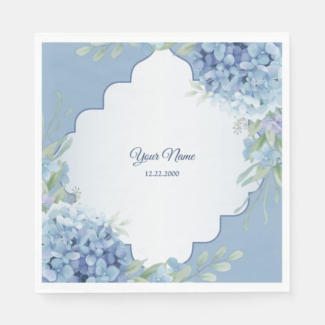 Serviette En Papier Blue Floral Green Leaves Frame Wedding Party (Devant)