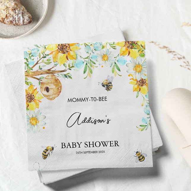 Serviette En Papier Blue Floral Mommy to Bebe Baby shower Papier Napki (Boys Mommy-To-Bee Bee Themed Baby Shower Napkin, Floral Bumble Bee Baby Shower Paper Napkin, Hive)