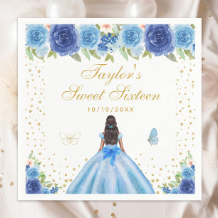 Serviette En Papier Blue Floral Peau foncée Princesse Sweet sixteen