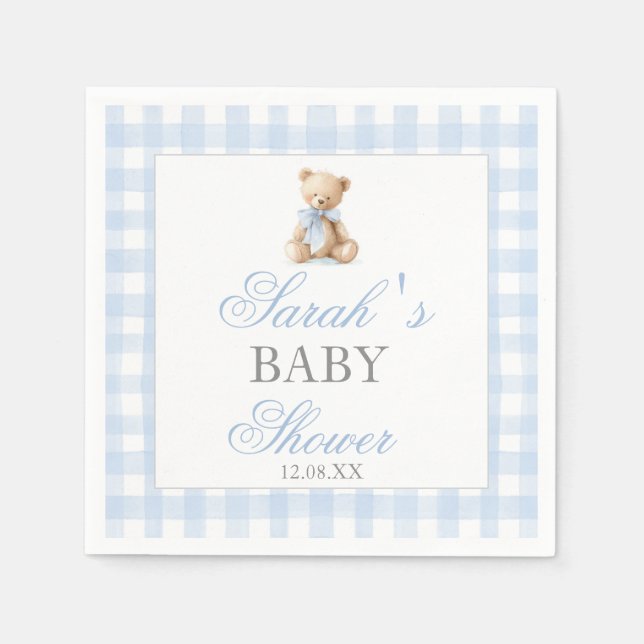 Serviette En Papier Blue Gingham Bear Baby Shower (Devant)
