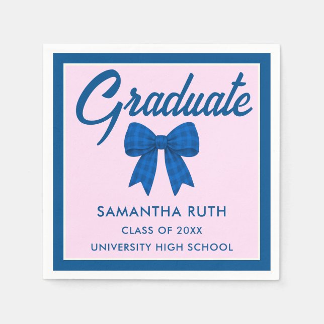 Serviette En Papier Blue Gingham Bow Graduation Party (Devant)