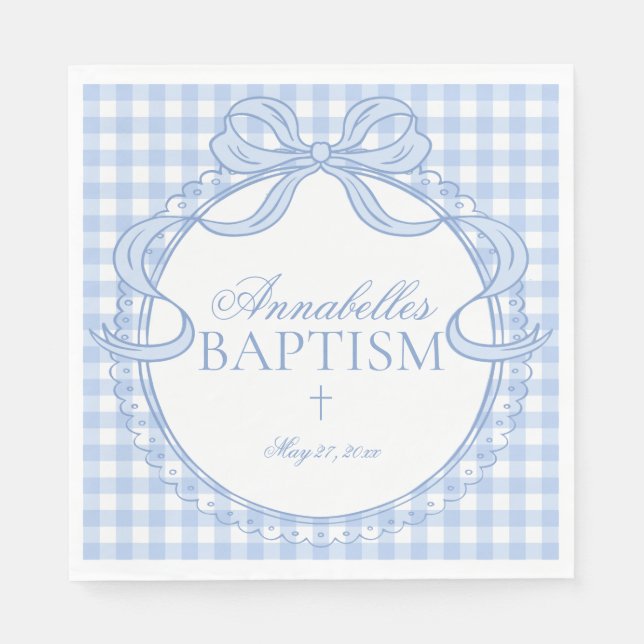 Serviette En Papier Blue Gingham Coquette Bow Baptism Table Decor (Devant)