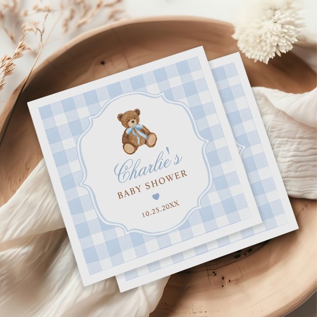 Serviette En Papier Blue Gingham Elegant Teddy Bear Baby Shower (Créateur téléchargé)
