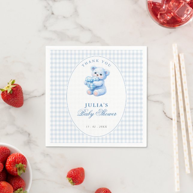 Serviette En Papier Blue Gingham Teddy Bear Neutral Baby Shower (En situation)