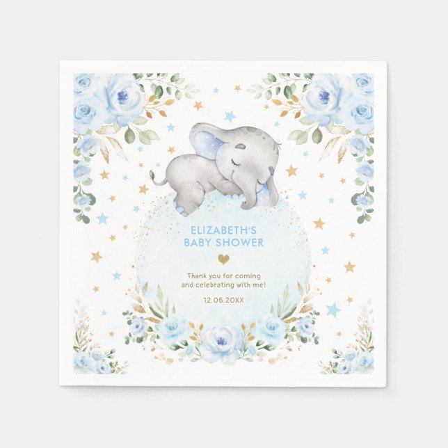 Serviette En Papier Blue Gold Floral Elephant Baby Boy Shower Faveurs (Devant)