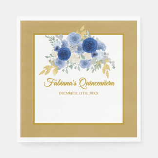 Serviette En Papier Blue & Gold Floral Quinceañera Napkins