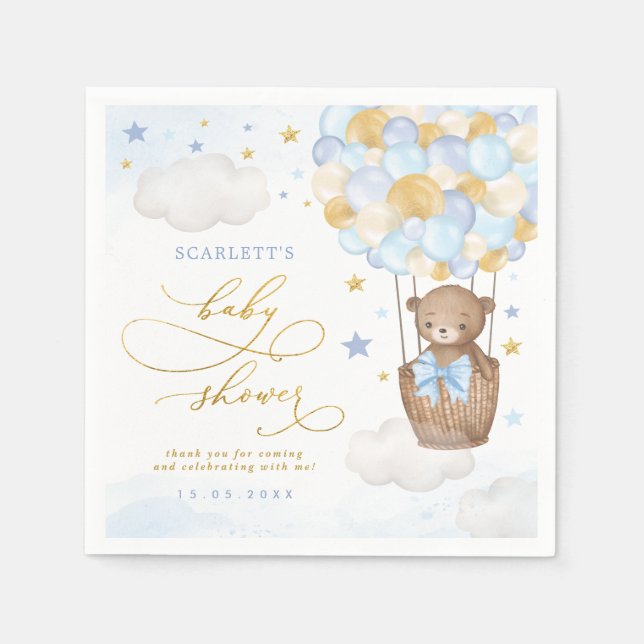 Serviette En Papier Blue Gold Teddy Bear Hot Air Balloon Baby Boy (Devant)