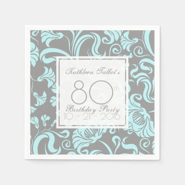 Serviette En Papier Blue Grey Floral 80e Anniversaire Papier de fête N (Devant)