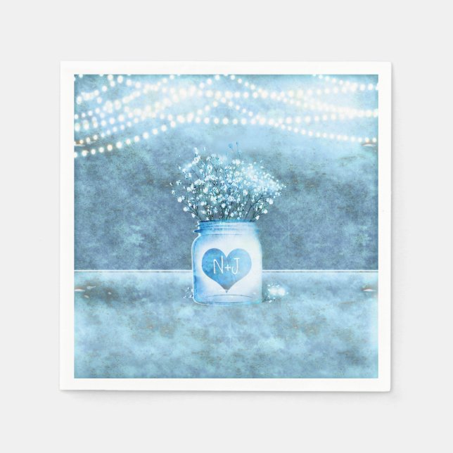 Serviette En Papier Blue Heart Mason Jar & Baby's Breath Mariage (Devant)