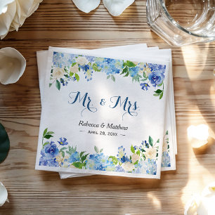Serviette En Papier Blue Hydrangea Aquarelle Floral Mr & Mrs Mariage