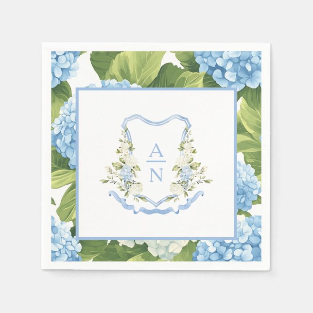 Serviette En Papier Blue Hydrangea Crest Monogram (Devant)