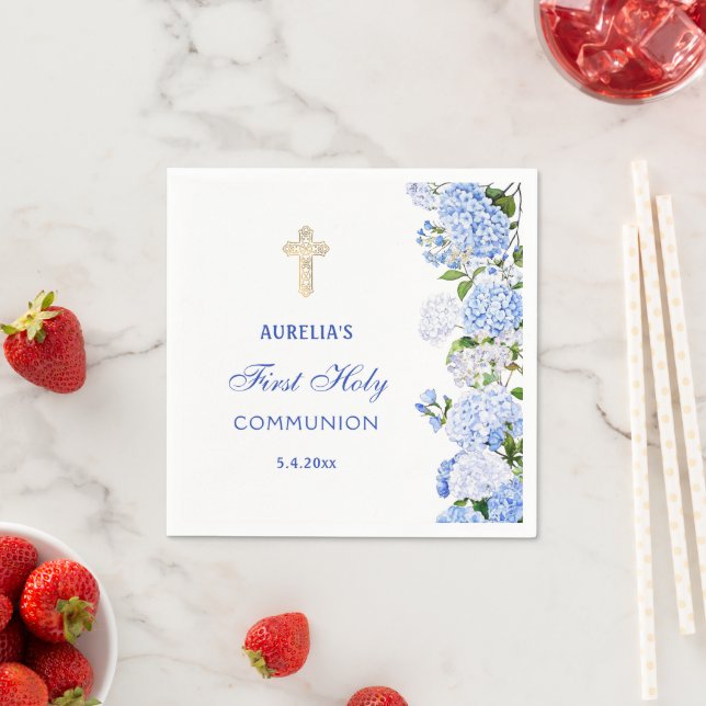 Serviette En Papier Blue Hydrangea First Communion (En situation)