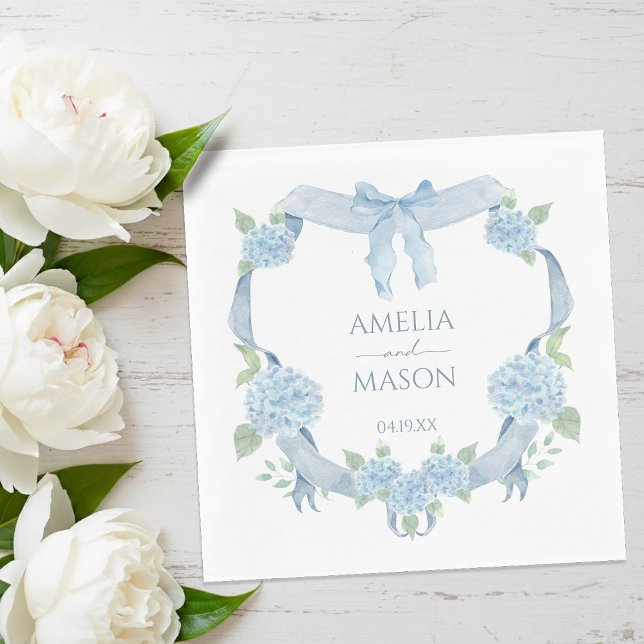Serviette En Papier Blue Hydrangea Watercolor Crest Paper Wedding (Blue Hydrangea Watercolor Crest Paper Wedding Napkins)