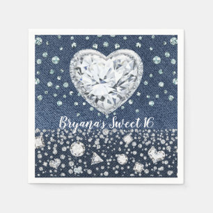 Serviette En Papier Blue Jean Denim & Diamonds Bling Diamond Heart