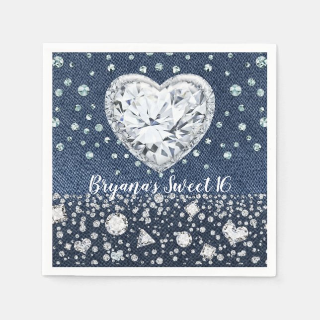 Serviette En Papier Blue Jean Denim & Diamonds Bling Diamond Heart (Devant)