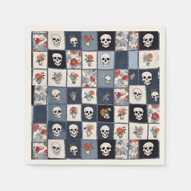 Serviette En Papier Blue Jean Denim Patchwork Skuls Et Florals (Devant)