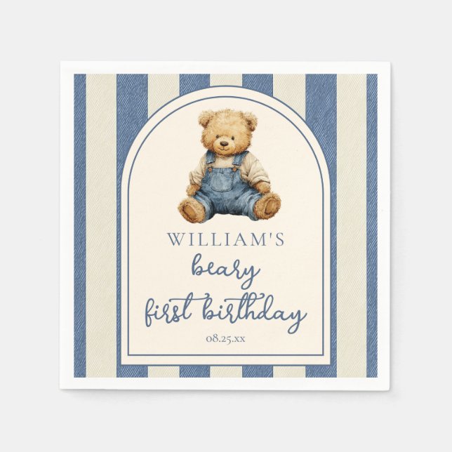 Serviette En Papier Blue Jean Denim Teddy Bear 1st Birthday (Devant)