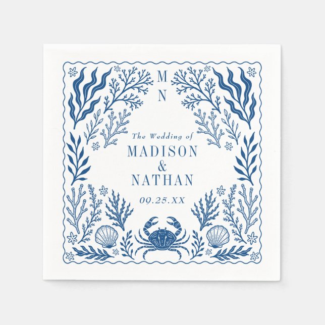 Serviette En Papier Blue Nautical Crab Shell Ocean Beach Wedding (Devant)