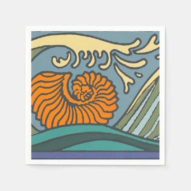 Serviette En Papier Blue Ocean Waves Nautilus Seashell Motif Nouveau (Devant)